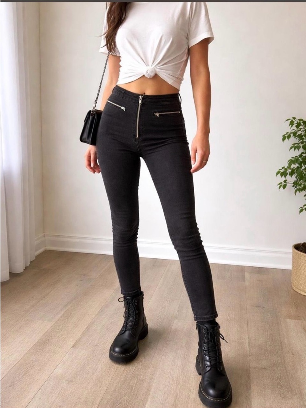 Reformation Black High Waisted Skinny Jeans Front Zipper Detail
